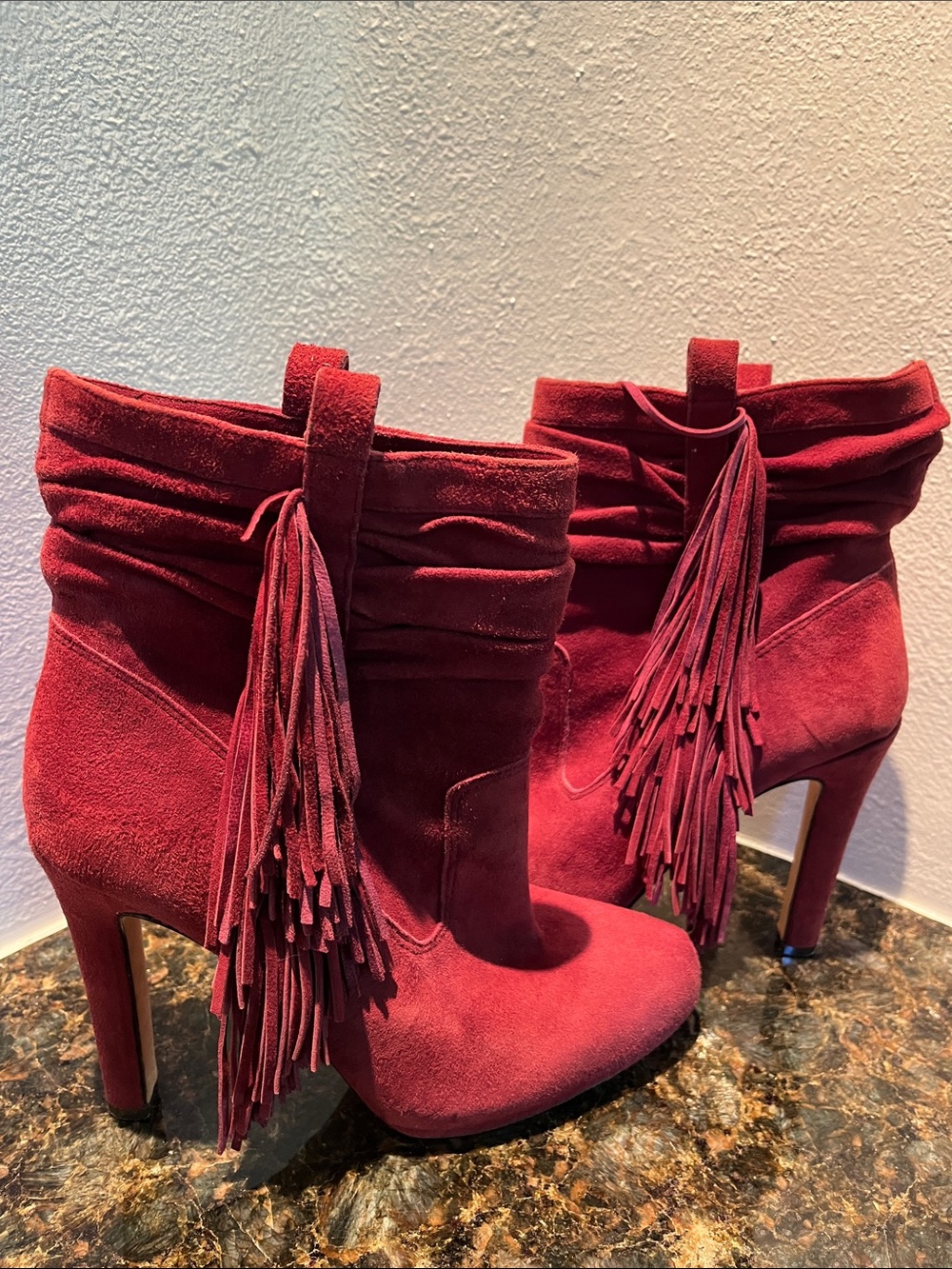 Red Suede Fringe High-Heel Booties